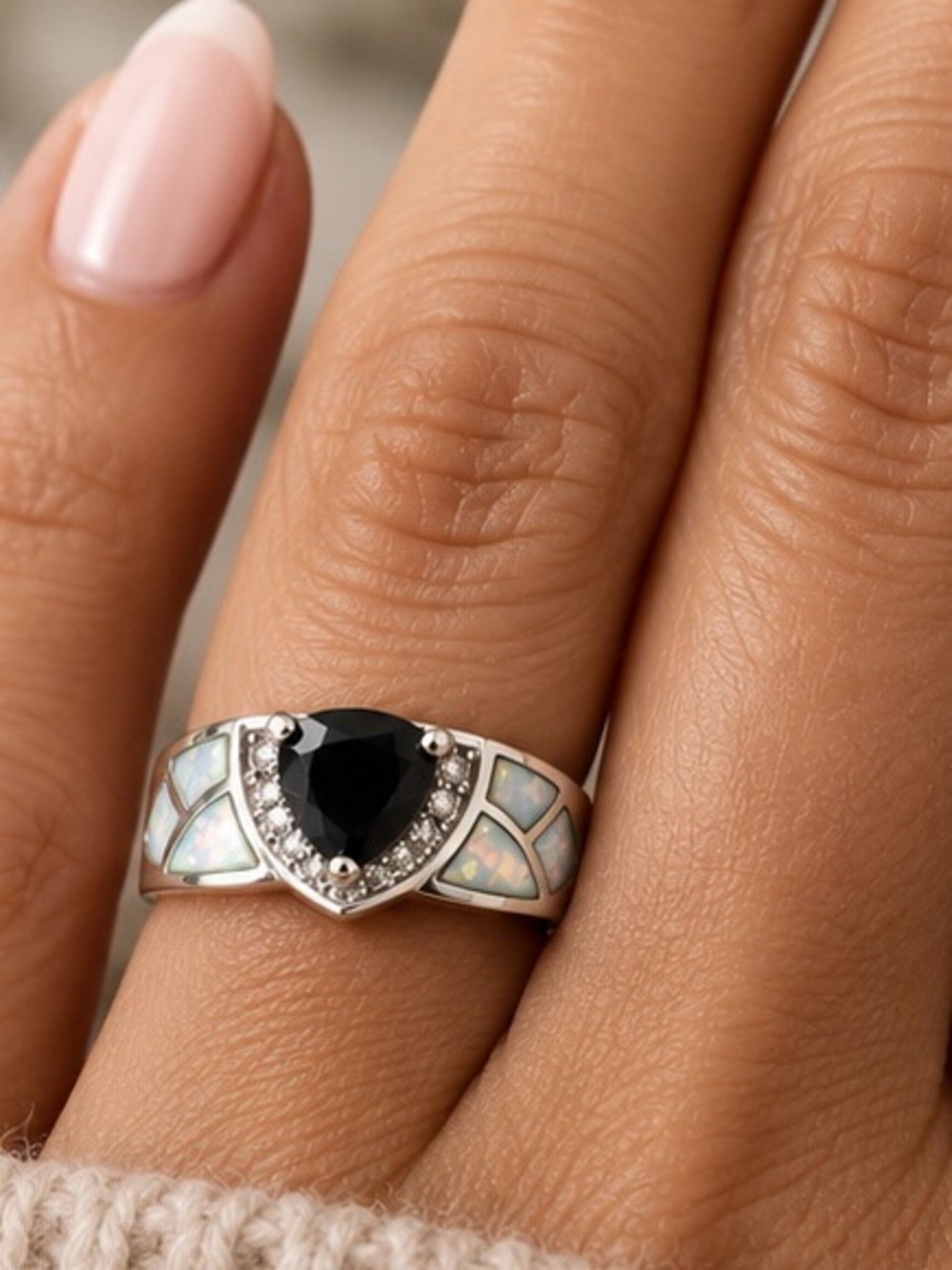 .925 Sterling Silver Black Onyx Opal & Crystal ArtDeco / Southwestern Ring